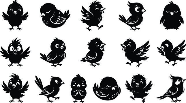 Cute cartoon bird silhouettes vector set featuring fifteen unique little chicks with different expressions and playful flying poses.