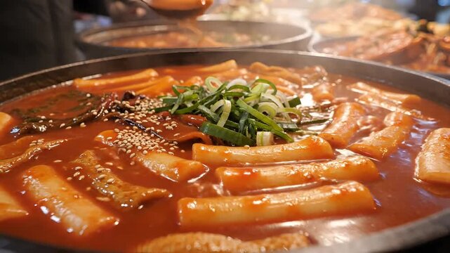 Delicious Korean Tteokbokki Stew with Garnish in a Pot.