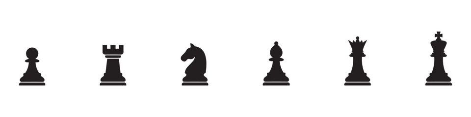 Chess icon set. Chess pieces icon set. Board game strategy symbols. Pawn rook knight bishop queen king silhouettes. Success leadership concept elements. Vector illustration. Vector Graphic. EPS 10 © Jeremy_Show
