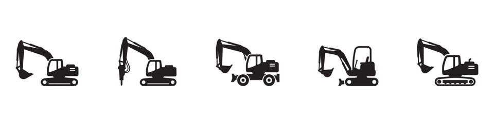 Heavy excavator icon set. Construction machinery symbol. Digger, hydraulic breaker and crawler tractor sign. Earthmoving vehicle. Vector illustration © Jeremy_Show