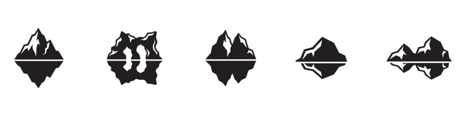 Iceberg icon set. Iceberg reflection icon set. Glacier and frozen mountain peak symbol. Arctic nature water landscape sign. Cold climate environment. Vector illustration © Jeremy_Show