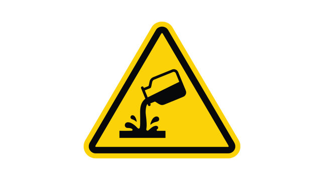 Yellow triangular warning sign featuring a black icon of a bottle pouring liquid onto a surface indicating potential chemical spill hazards in an industrial setting