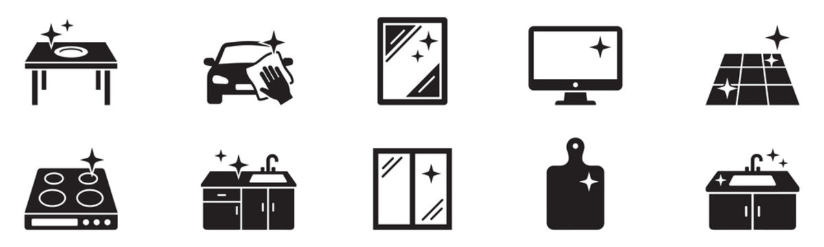 Cleaning and housekeeping icon set. Clean surface symbol. Home sanitizing, washing and disinfection sign. Kitchen, car and window shine. Vector illustration