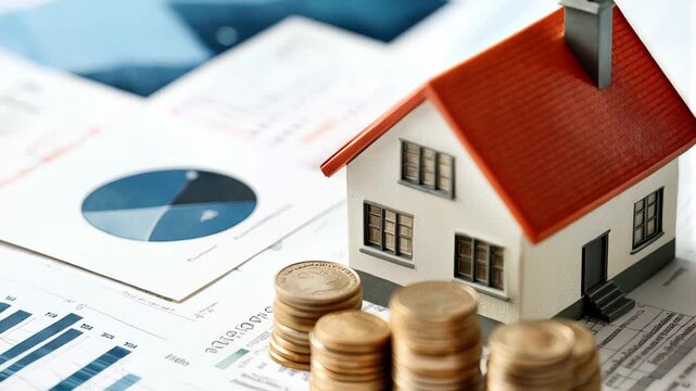 Miniature house model placed near stacks of coins on financial documents suggesting property investment, mortgage, and home buying using cryptocurrency or cash
