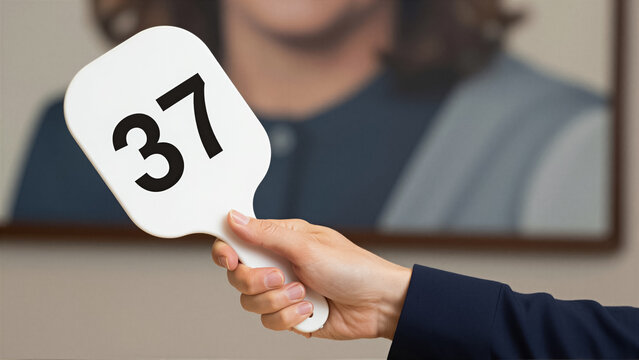 A professional hand holds a white auction paddle featuring number 37. This bidder makes a strategic bid during a high-stakes estate sale or art gallery event