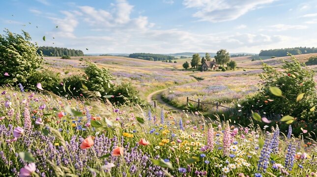 Beautiful landscape with colorful flowers and trees in a sunny field