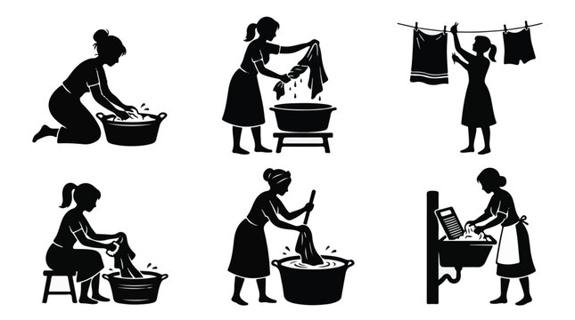 Vector set of black silhouette illustrations of women doing laundry