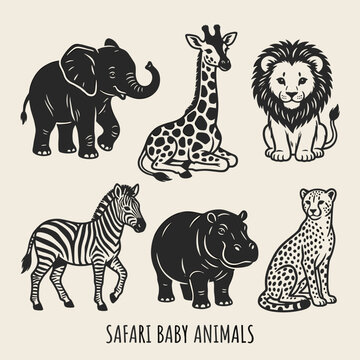 Linocut safari animal set with baby elephant, giraffe, lion cub, zebra, hippo, and cheetah, on cream background