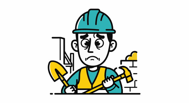 Sad cartoon construction worker holding tools in distress.