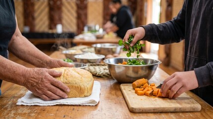 community food preparation for Matariki celebration, hands of elder and teenager holding bread and kumara isolated on white background