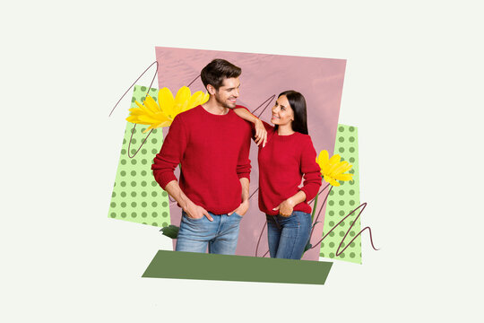Collage of romantic couple in love on date hearts abstract elements valentine and relationship shopping concept