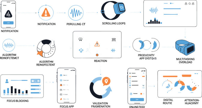 Digital distraction and productivity system vector infographic with notification loops focus apps multitasking and attention management concepts