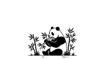 A cute panda bear eating bamboo stalks in a simple black and white line art illustration. © Su