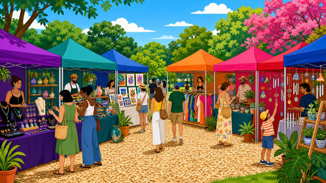 Outdoor artisan market with colorful stalls