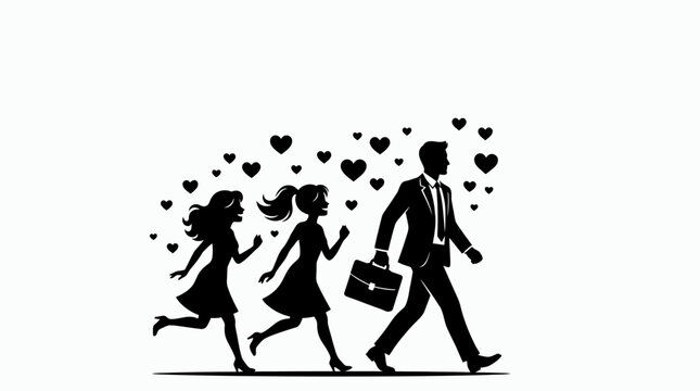 Silhouette illustration of a businessman walking with two women chasing him surrounded by hearts.