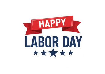 Obraz premium Happy labor day greeting card design with red ribbon and blue stars isolated on white background