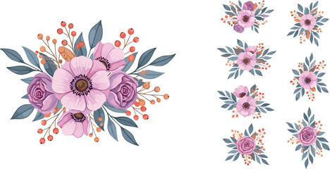 Vector set of pink and purple floral bouquet arrangements with roses, anemones, and berries for wedding invitation designs © MdMoksedul