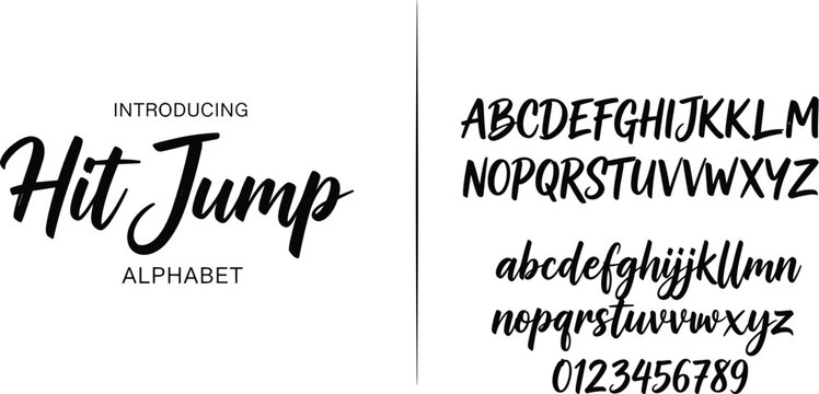 Hit Jump script font icon collection, brush cursive alphabet artwork design, typography motif concept, lettering theme style, flat vector illustration