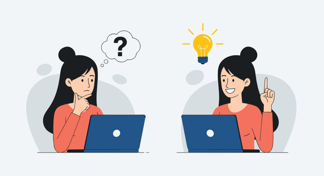 Confusion idea collection with laptop thought bubble light bulb realization problem solving vector design