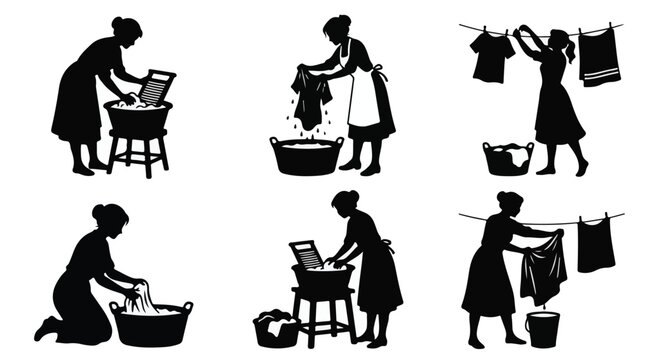 Vector set of black silhouette illustrations of women doing laundry