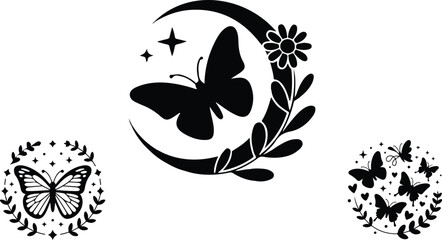 Witchy boho moon and butterfly element collection isolated on white background containing circular floral framing decals and esoteric magic illustrations. © Mehg