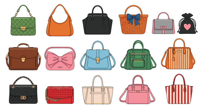 Handbag fashion collection with tote satchel clutch quilted bow striped colorful stylish accessory vector design