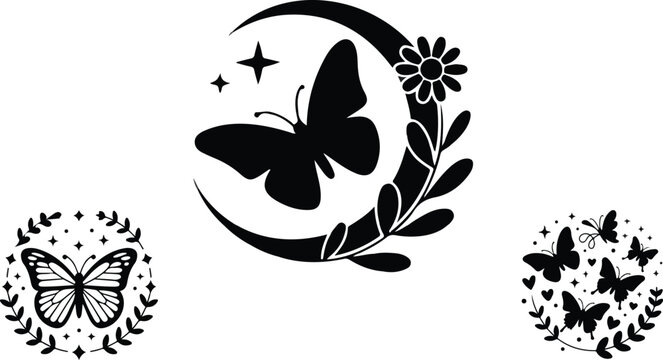 Witchy boho moon and butterfly element collection isolated on white background containing circular floral framing decals and esoteric magic illustrations.
