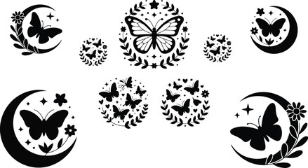 Witchy boho moon and butterfly element collection isolated on white background containing circular floral framing decals and esoteric magic illustrations © Mehg