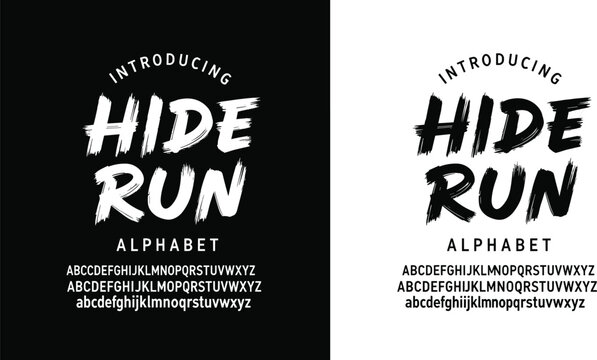 Hide Run brush font, bold alphabet design, artistic lettering style, uppercase lowercase variations, modern typography artwork, creative vector illustration set