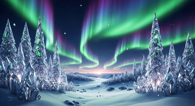 Aurora borealis over snowy forest landscape at night