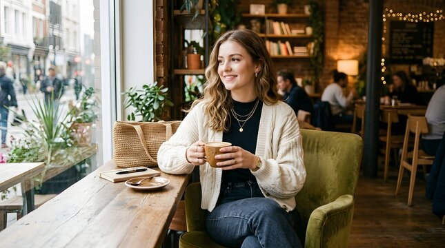 Young woman holding a warm cup of coffee while sitting by a window in a cozy rustic cafe interior with lifestyle interior customer