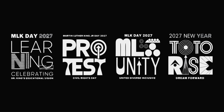 USA, US, U.S - Set of four minimalist graphic logos celebrating mlk day and the new year with themes of learning protest unity rising toward a brighter dream forward civil rights black and whit