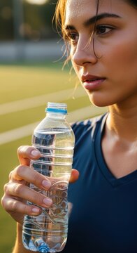 An athlete is holding bottled water.