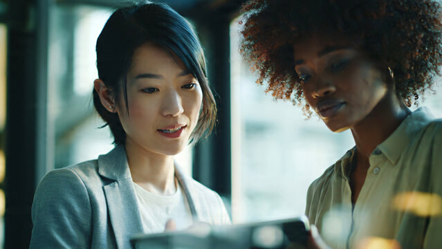 Asian businesswoman team leader explaining project workflow and operational strategy to an African American employee trainee using a tablet PC computer in a modern office.