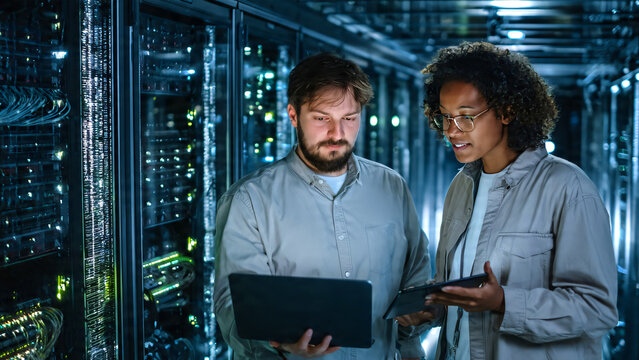 Professional IT technician analyzing server systems in a large-scale cloud computing data center, standing between symmetrical rows of glowing server racks and organized networking equipment, holding 