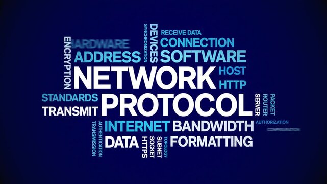 Network Protocol animated word cloud-text design animation tag kinetic typography seamless loop.