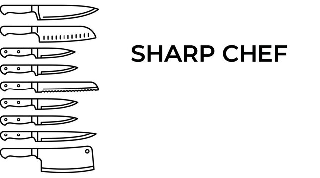 Set of various kitchen knives with text sharp chef.