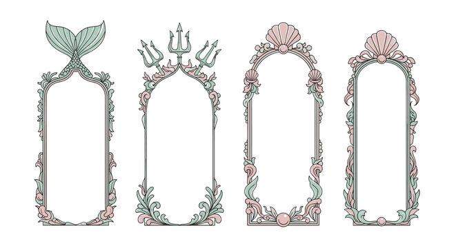 Set of four decorative ornate frames with floral elements, arched shape, pastel colors, and intricate details, perfect for invitations or