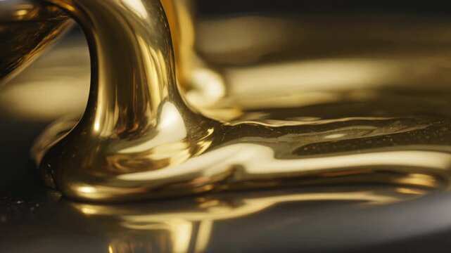 Close-up shot of molten gold flowing and creating ripples on a dark surface.