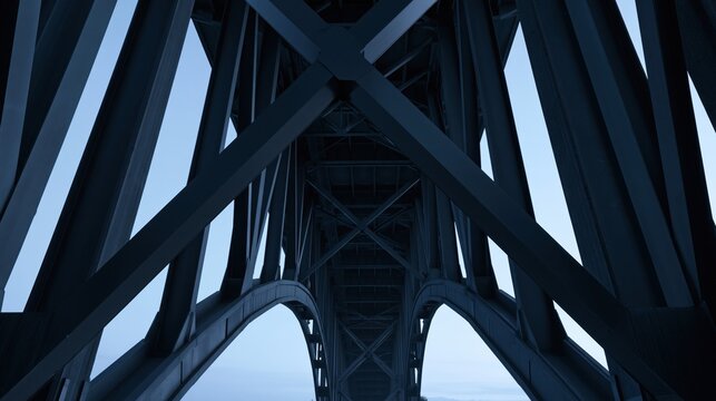 Dark steel bridge structure against a pale blue sky