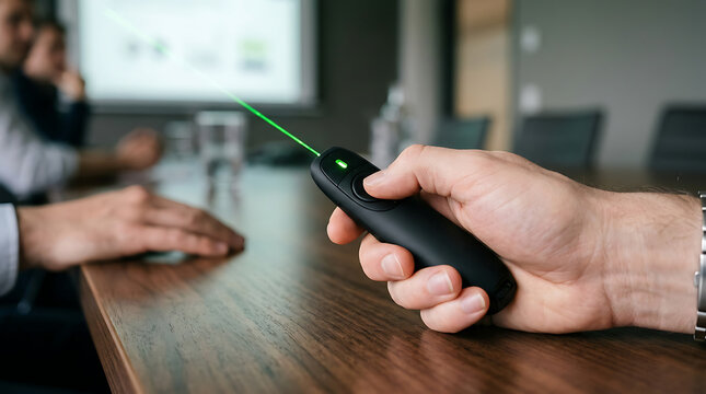 Hand holding a laser pointer with a green light beam during a business presentation