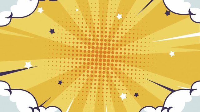 Yellow Comic Book Explosion Background with Halftone Dots and Stars