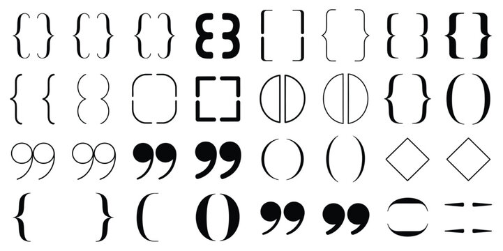 Black Silhouette Parentheses and Curly Braces Collection Featuring Angle Quotation Marks Isolated on White Background