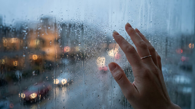 A human hand gently touches a rain-streaked glass surface, overlooking blurred city lights during a wet evening