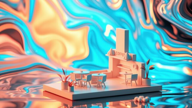 Minimalist coffee shop scene. Bright colors, abstract background, reflective surface. Modern design, simple shapes, cozy atmosphere.
