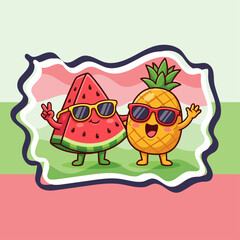 Naklejka premium Summer theme banner concept. Cute watermelon, pineapple cartoon characters wearing sunglasses. Creative summer banner design featuring funny tropical fruit friends vector illustration, copy space