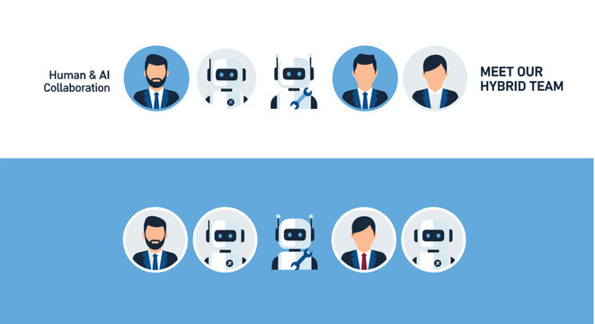 Human AI collaboration collection with robot business teamwork hybrid professional partnership vector design