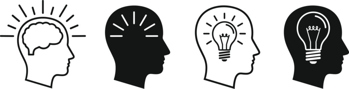 Human head icons outline silhouette idea design, brain light bulb creativity symbols, innovation thinking inspiration set, conceptual mind artwork, flat vector illustration