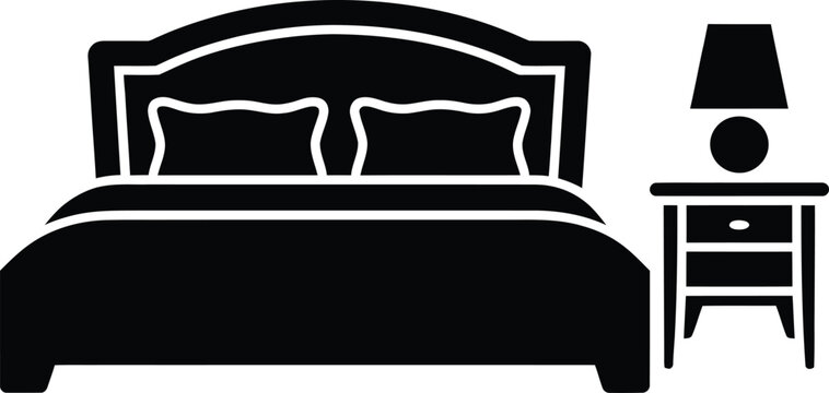 Modern black bed with nightstand and lamp