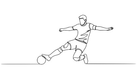 Fototapeta premium Continuous line drawing of a soccer player kicking a ball, dynamic action, minimalist style